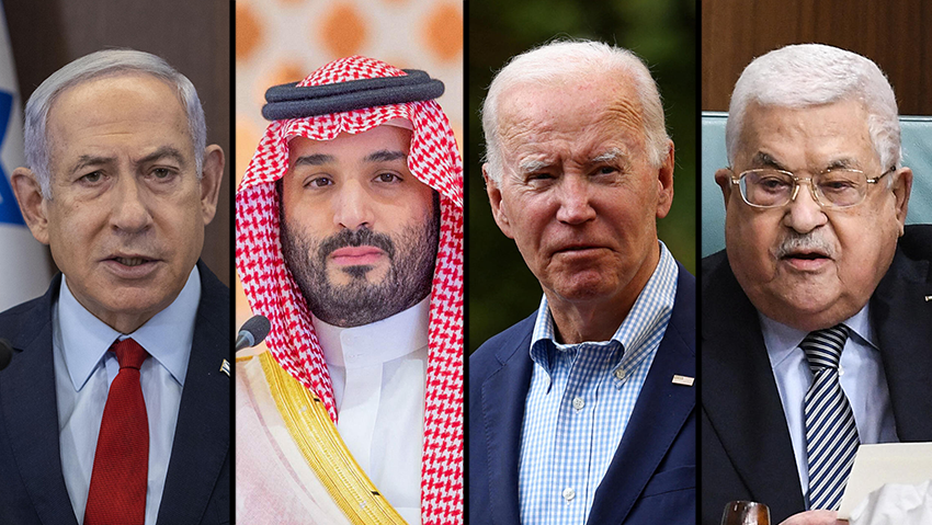 Prime Minister Benjamin Netanyahu, Saudi Crown Prince Mohammed bin Salman, U.S. President Joe Biden and Palestinian Authority Chairman Mahmoud Abbas 