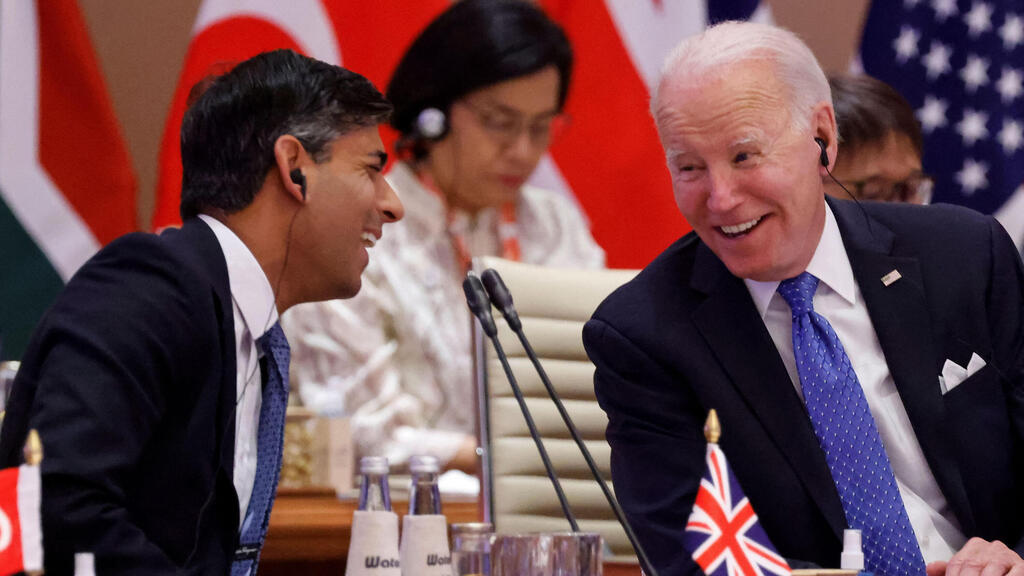 הודו בהראט ועידת ה G20 G-20 נשיא ארה"ב ג'ו ביידן ו ראש ממשלת בריטניה רישי סונאק
