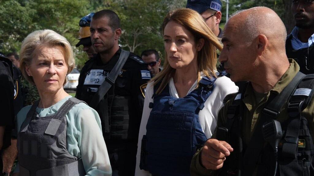 נשיאת נציבות האיחוד האירופי אורסולה פון דר ליין עם רוברטה מיטסולה נשיאת הפרלמנט האירופי סיור ב כפר עזה
