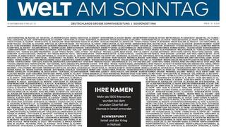 שער עיתון די ולט הגרמני עם שמות הנרצחים בישראל