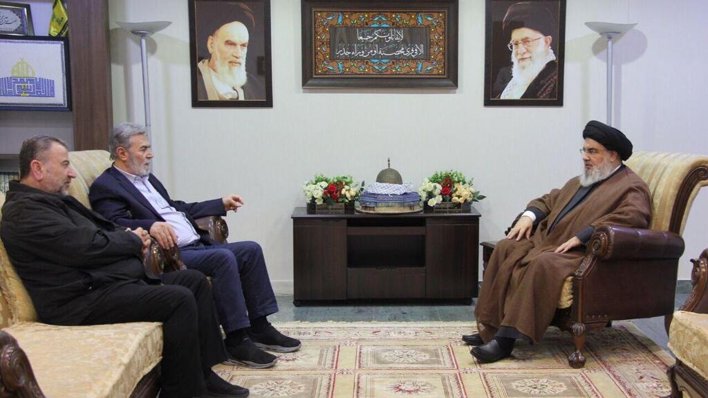 Hezbollah chief Hassan Nasrallah meets PIJ leader Ziyad al-Nakhalah and Hamas politburo head Saleh al-Arouri in Beirut חסן נסראללה מזכ"ל חיזבאללה פגישה עם זיאד נחאלה ו- סאלח אל-עארורי
