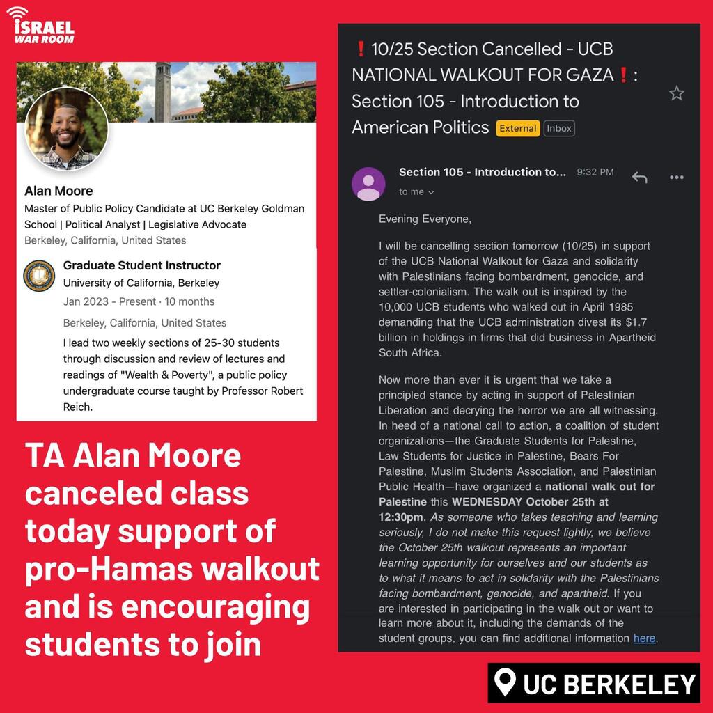 TA Alan Moore from Berkeley has canceled class in support of protest against Israel