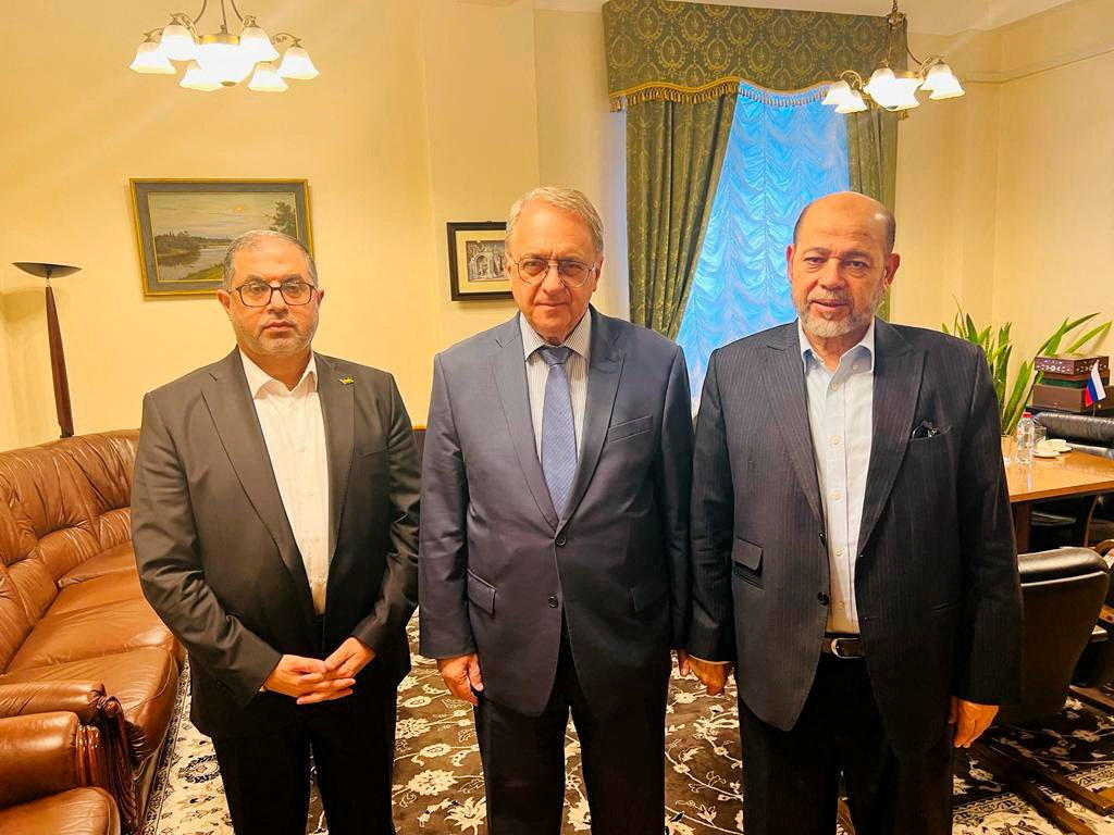 Bassem Naim and Moussa Abu Marzouk, and Russia's Deputy Foreign Minister Mikhail Bogdanov  in Moscow 
