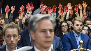 מפגינים בסנאט בזמן עדות בלינקן