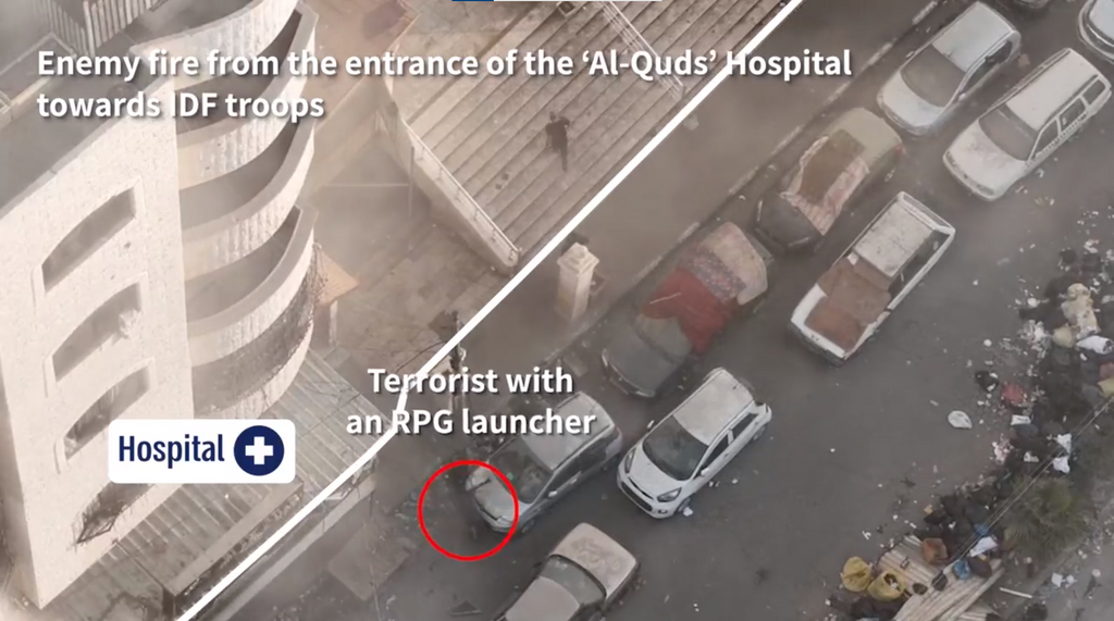 Hamas terrorists fire anti-tank missile at IDF troops from the entrance of Gaza's Al Quds Hospital 