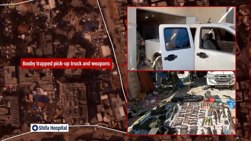 Booby-trapped pickup truck loaded with weapons found beside terror tunnel in Gaza City's Al Shifa hospital complex 
