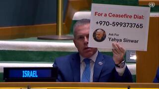 גלעד ארדן מציג את המספר של סינוואר בעצרת של האו"ם