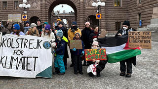 עם דגל הרשות הפלסטינית. גרטה טונברג ופעילים במחאה השבועית