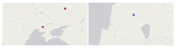 Centers of GPS signal interference operating in Israel (on the right)  and Ukraine (on the left), according to researchers from the University of Texas 