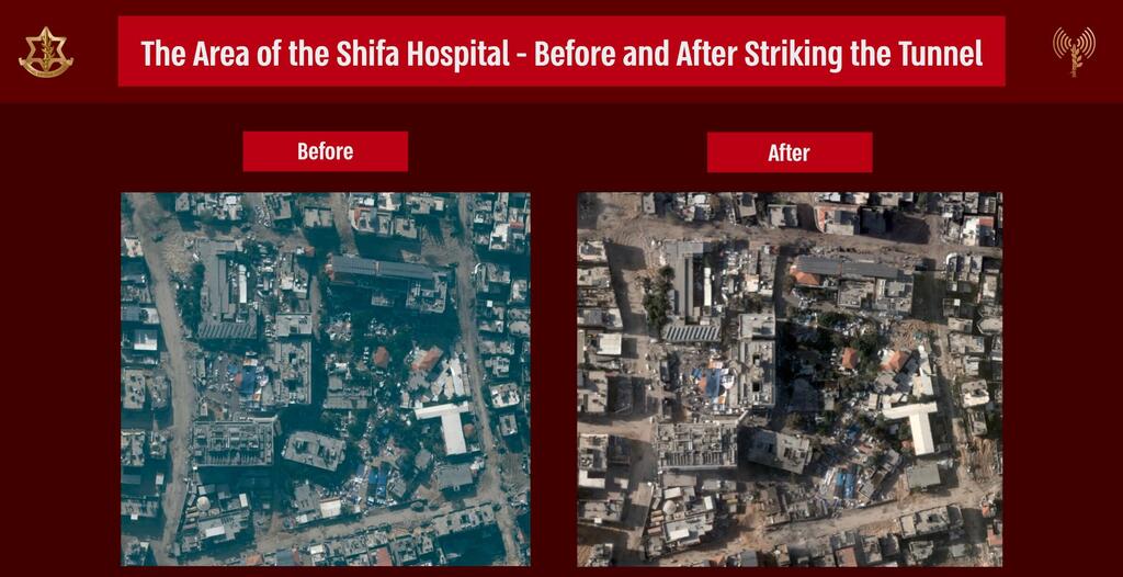 The Al-Shifa Hospital area before and after the strike of the tunnel 