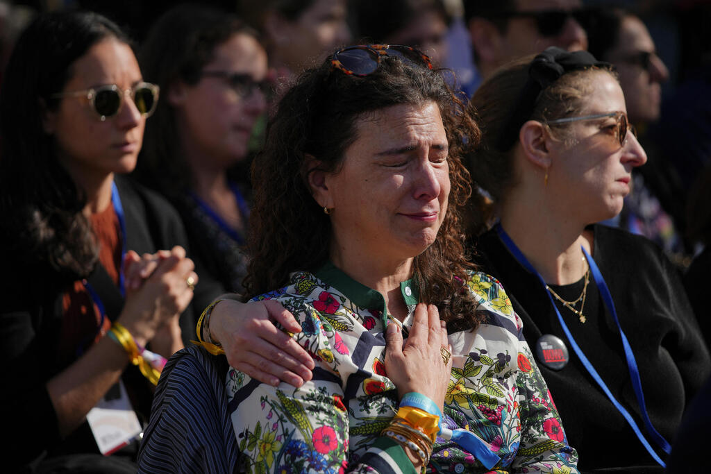 Doctor Sharon Ravitch, from the University of Pennsylvania, reacts at the plaza in support of the families of hostages kidnapped on the October 7