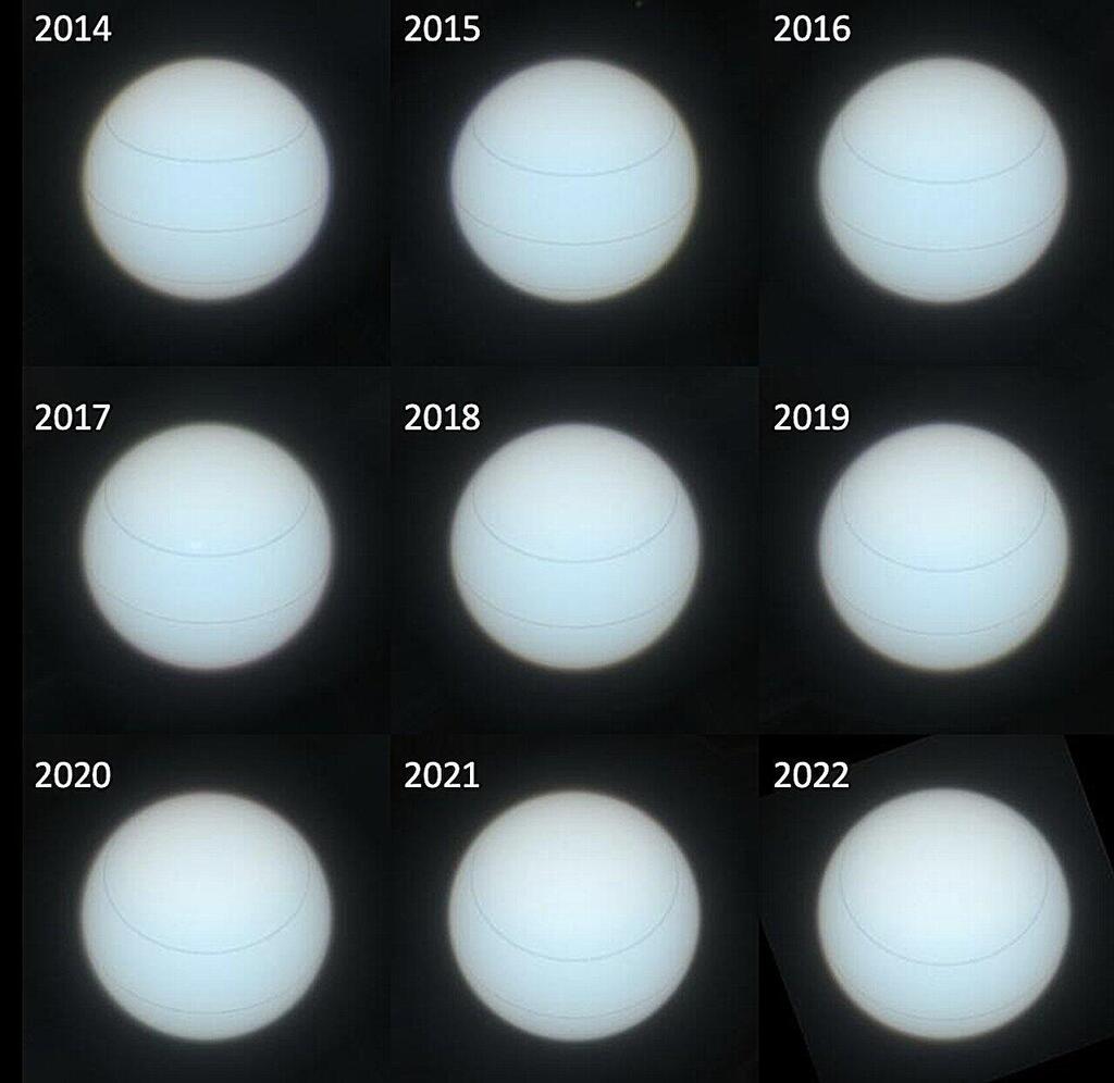 השינויים הקלים בצבעו של אורנוס בין השנים 2014-2022