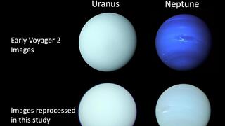 התמונות של אורנוס ונפטון שצולמו על ידי וויאג'ר 2 בסוף שנות ה-80 (למעלה) לעומת התמונות מהמחקר החדש, בהן ניתן לראות כי צבעם של ענקי הקרח הללו די זהה