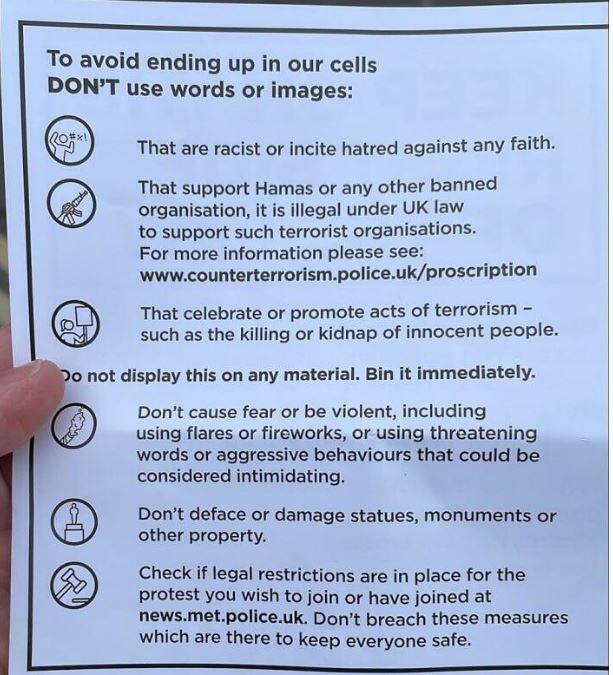Leaflet handed out by London police ahead of mass pro-Palestine rally 