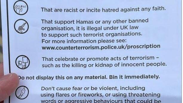 Leaflet handed out by London police ahead of mass pro-Palestine rally 