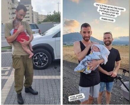Adam and Nimrod, pioneers of LGBTQ+ egg donation and surrogacy in Israel, after the birth of their son, Yirmi, and today, in IDF uniform 