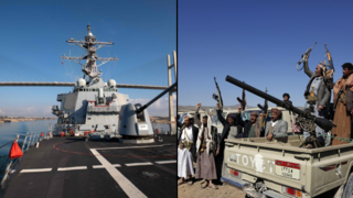 ספינת הקרב USS Laboon ומפגן צבאי של המורדים החות'ים בתימן