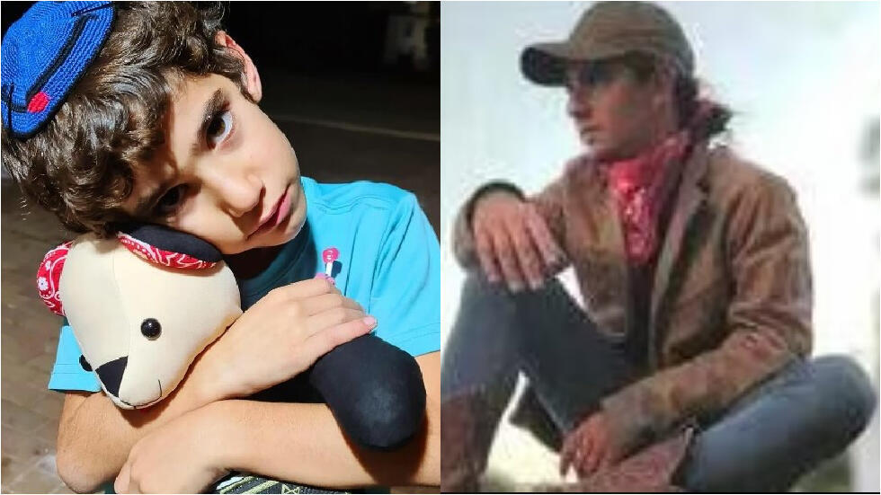 Орэль Саадон с мишкой, сшитым из банданы погибшего брата Гилеля-Шмуэля, и сам Гилель-Шмуэль 