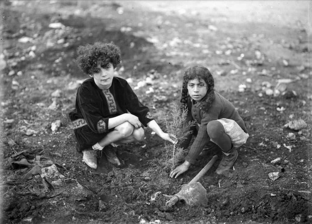 1928, Jerusalem, Beit Hacarem. Pupils planting trees on Tu Be'Shvat