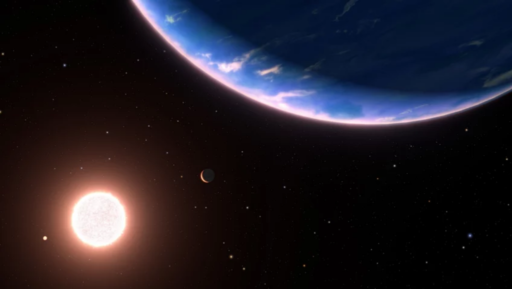 "The Tiniest Water World? An artist's rendition of exoplanet GJ 9827d, alongside its sun and two other planets in the system