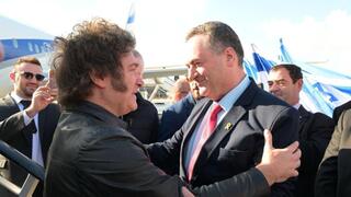 ישראל כ"ץ מקבל את פניו של נשיא ארגנטינה חאבייר חררדו מיליי לאחר נחיתתו בנתב"ג