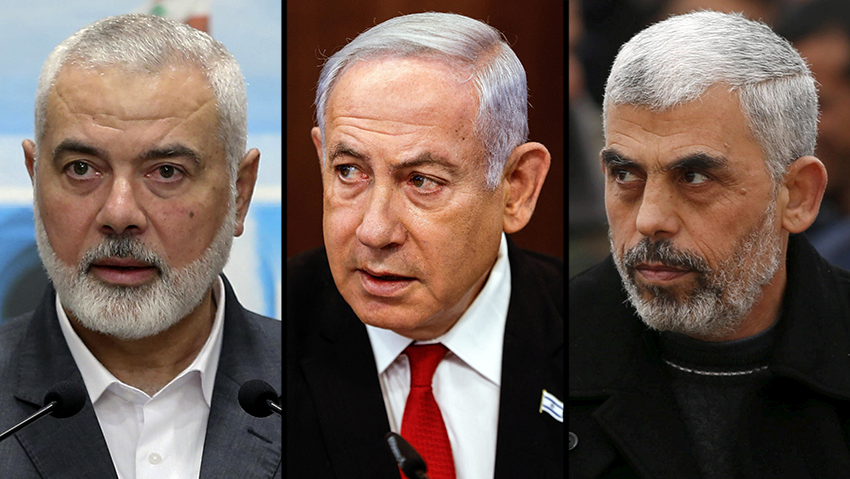 Hamas politburo chief Ismail Haniyeh, Prime Minister Benjamin Netanyahu and Hamas leader in Gaza Yahya Sinwar 