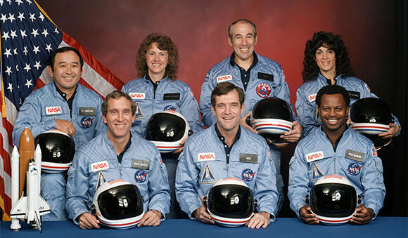 The first women to have died during a space mission. Resnik (right) and McCullough with their fellow crew members of mission STS-51, who perished in the Space Shuttle Challenger disaster