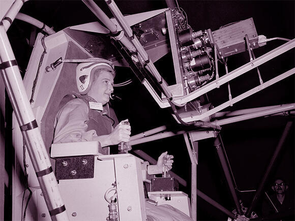 Excelled in tests for astronauts as well. Jerrie Cobb at the facility evaluating pilots' proficiency in handling rotation in three axes