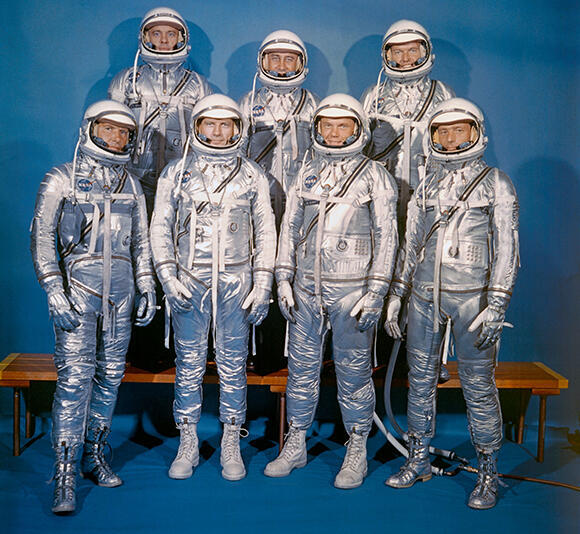 The Magnificent Seven. The pilots selected for Project Mercury. In the top row, from right: Gordon Cooper, Gus Grissom and Allen Shepard. In the bottom row, from right: Scott Carpenter, John Glenn, Deke Slayton and Wally Schirra