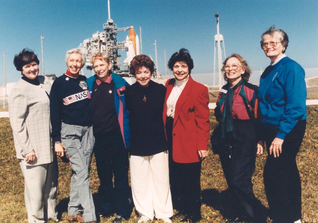 Seven of the women who passed Lovelace’s tests against the backdrop of Collins’s space shuttle, 1995. From left: Gene Nora Jessen, Wally Funk, Jerrie Cobb, Jerri Truhill, Sarah Rutley, Myrtle Cagle and Bernice Steadman