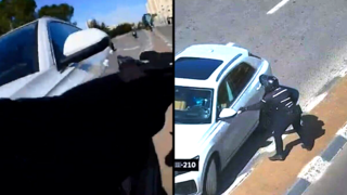 תיעודים ממצלמת אבטחה ומצלמת קסדה של שוטר ממרדף אחרי שודדים שהתחזו לשליחי וולט וגנבו רכב מאיש עסקים בירושלים