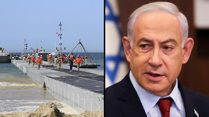 Место порта в Газе и Нетаниягу (Фото: армия США и Йонатан Зиндаль) הספינה הלוגיסטית האמריקנית שבדרך להקמת רציף ימי מול חופי עזה