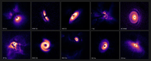 Some of the planet-forming disks captured in the current study, The star itself is hidden in the image, to prevent its light from obscuring the delicate structures of the disks 