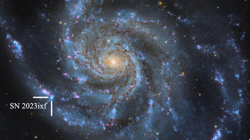 הנצנוץ הבוהק הוא הסופרנובה SN 2023ixf בגלקסיית השבשבת. התמונה מתבססת על נתונים טלסקופיים שהתקבלו ב-20, 21 ו-22 במאי 