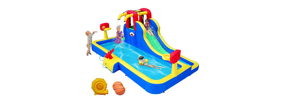 WELLFUNTIME Inflatable Water Park with Double Basketball Rings