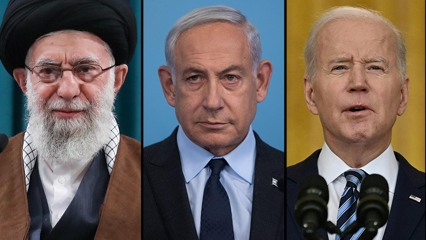 Iranian Supreme Leader Ayatollah Ali Khamenei, Prime Minister Benjamin Netanyahu and US President Joe Biden 