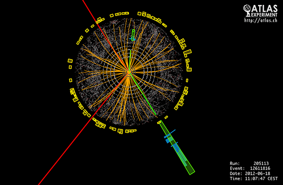 Evidence of spontaneous symmetry breaking. Findings by the ATLAS detector that enabled the discovery of the Higgs boson (Photo: CERN) היחיד שניבא את קיומו של החלקיק הסקלרי הנוסף, שלימים נקרא על שמו. פיטר היגס בגלאי אטלס, שחלק ממרכיביו פותחו בישראל