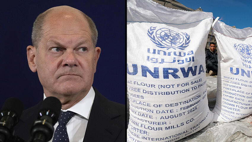 Канцлер Германии Олаф Шольц. Эмблема UNRWA на мешках с гумпомощью 