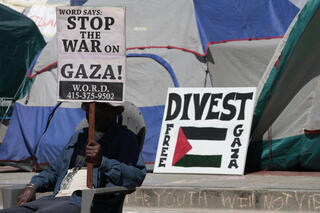 Protesters on the campus of University of California, Berkeley call for divestment from Israel