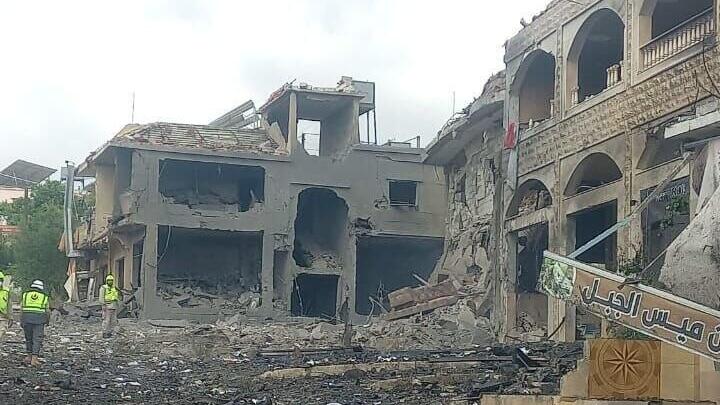 נזקי התקיפה במיס אל-ג'בל שבדרום לבנון