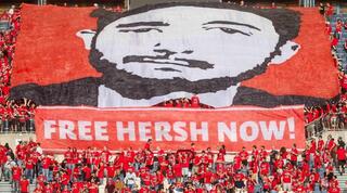 The banner with the face of Hersh Goldberg-Polin 