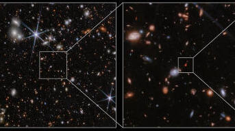 חדות ההדמיות של הטלסקופ איפשרה לזהות שזו התנגשות של גלקסיות עם חורים שחורים. מערכת ZS7 בהגדלה גדולה (מימין) ובמסגרת רחבה יותר בשתי התמונות האחרות 
