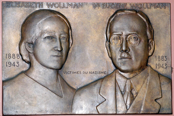 "Victims of Nazism". A memorial plaque in memory of Eugène and Élisabeth Wollman, designed by artist Marcel Renard, at the Pasteur Institute 