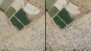 סט א' של צילומי לוויין לפני ואחרי מ רפיח רצועת עזה שמעידים על התרוקנות עיר האוהלים אוהלים בגלל המבצע של צה"ל