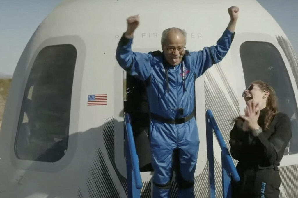 Ed Dwight celebrating as he exits the Mission NS-25 crew capsule, upon landing near the Blue Origin base near Van Horn, Texas, on May 19, 2024 