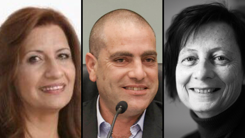 From left to right: Prof. Nadera Shalhoub-Kevorkian, coalition whip Ofir Katz, Dr. Anat Matar (Photo: Wikipedia, Hebrew University, Knesset Spokesperson) ענת מטר, אופיר כץ, נדירה שלהוב-קיבורקיאן