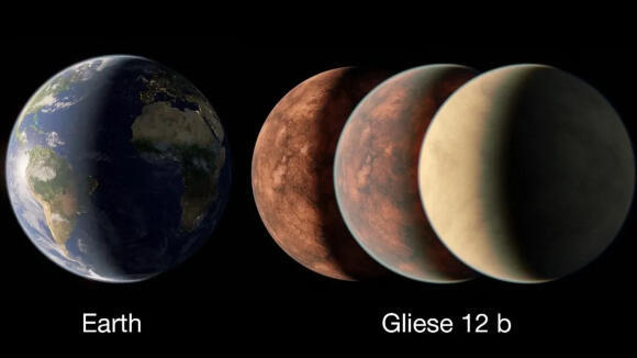 Looking for signs of life. Imagery depicting the possible appearance of the exoplanet Gliese 12b in comparison to Earth's size  