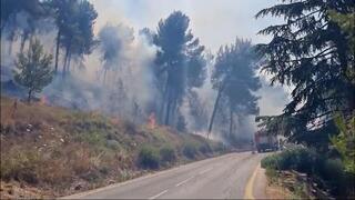 פעילות לוחמי האש לכיבוי השריפה ביער ביריה תחת אש