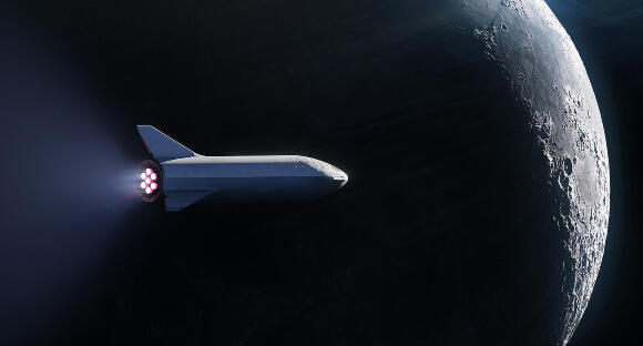 An illustration of the dearMoon mission depicting an early version of the Starship spacecraft igniting engines near the moon 