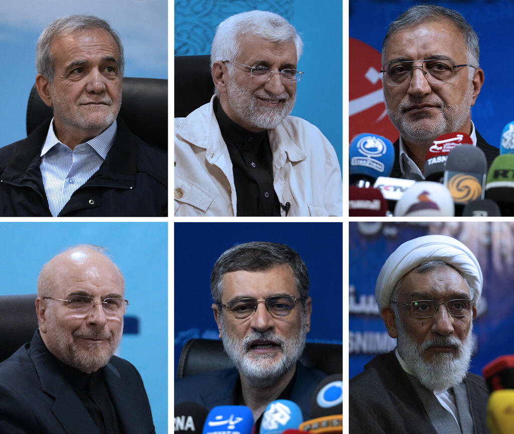 This combination of photos shows Iranian June 28, presidential candidates Masoud Pezeshkian, lawmaker and a former Health Minister, top left, Saeed Jalili, former senior nuclear negotiator, top center, Alireza Zakani, Tehran Mayor, top right, Mohammad Bagher Qalibaf, Parliament Speaker, bottom left, Amirhossein Ghazizadeh Hashemi, the late President Raisi's Vice-President, bottom center, and Mostafa Pourmohammadi, a former Minister of Justice (Photo: AP Photo/Vahid Salemi) המועמדים בבחירות ל נשיאות איראן משמאל למעלה עם כיוון השעון: מסעוד פזשכיאן סעיד ג'לילי עלירזא זקאני מוסטפה פורמוחמדי אמיר-חוסיין גזיזאדה האשמי מוחמד קליבף